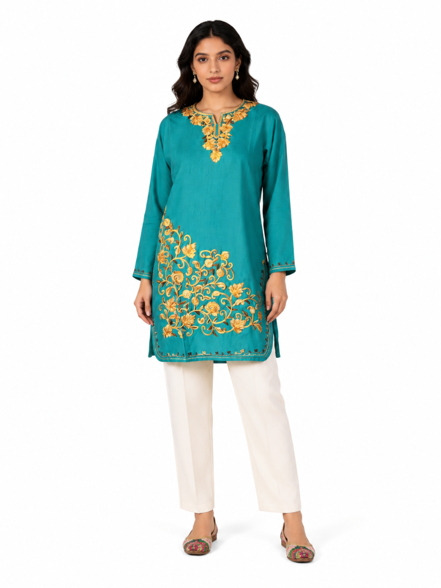 Noor : Aari Embroidery Summer Kurti |Ocean Teal